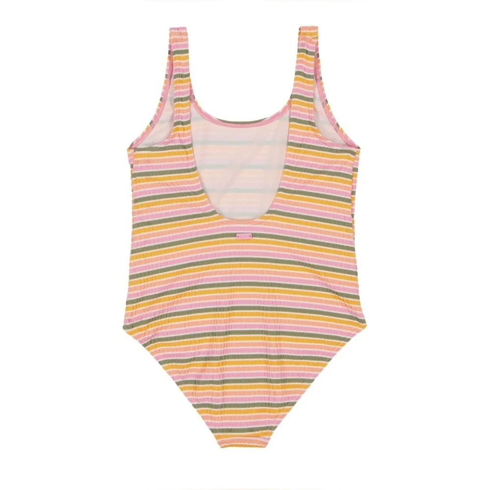 Roxy Girls One-Piece Swimsuit Size 12 Pastel Stripe Ribbed Low Back UPF 50+ NWT